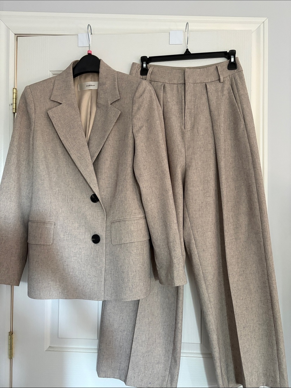 Women's Beige Tailored Blazer and Pleated Trousers Set